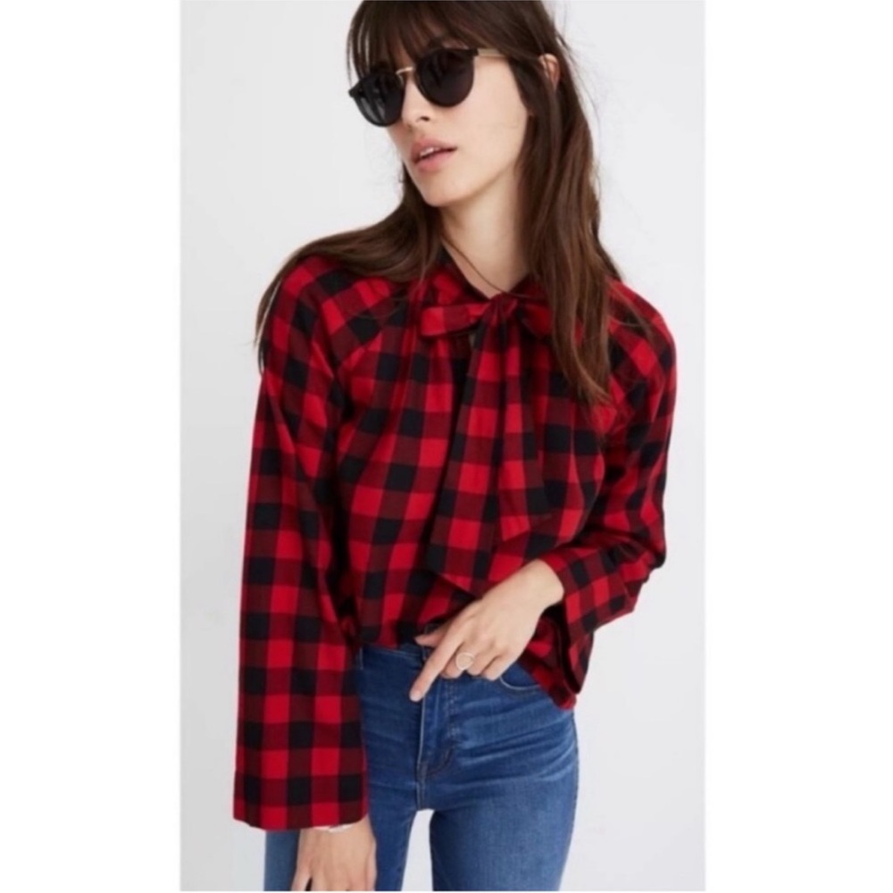 MADEWELL Tie-Neck Popover Shirt in Buffalo Check